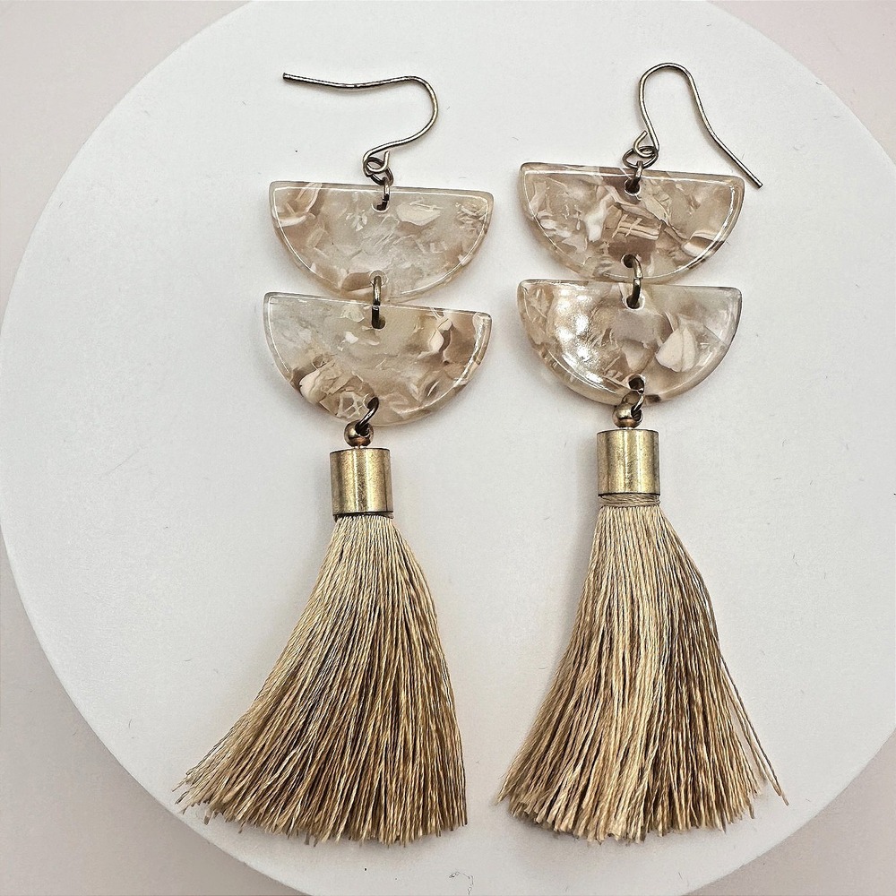 Vintage 90s Gold Tone Cream Half Moon Marble Resin Taupe Tassel Earrings Jewelry